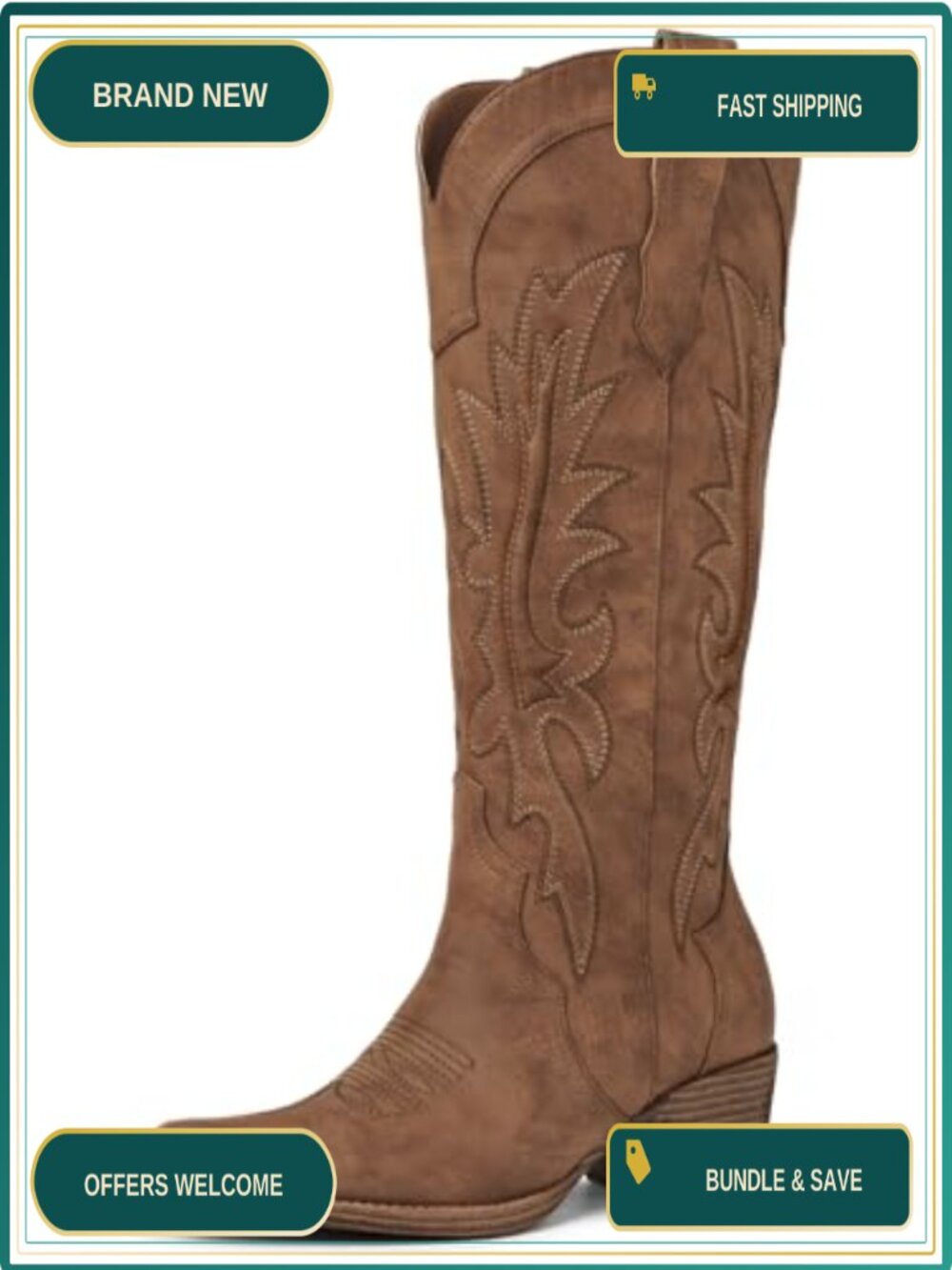Knee High Cowboy BootsPointed Toe Embroidered Chunky Heel Faux Leather Western